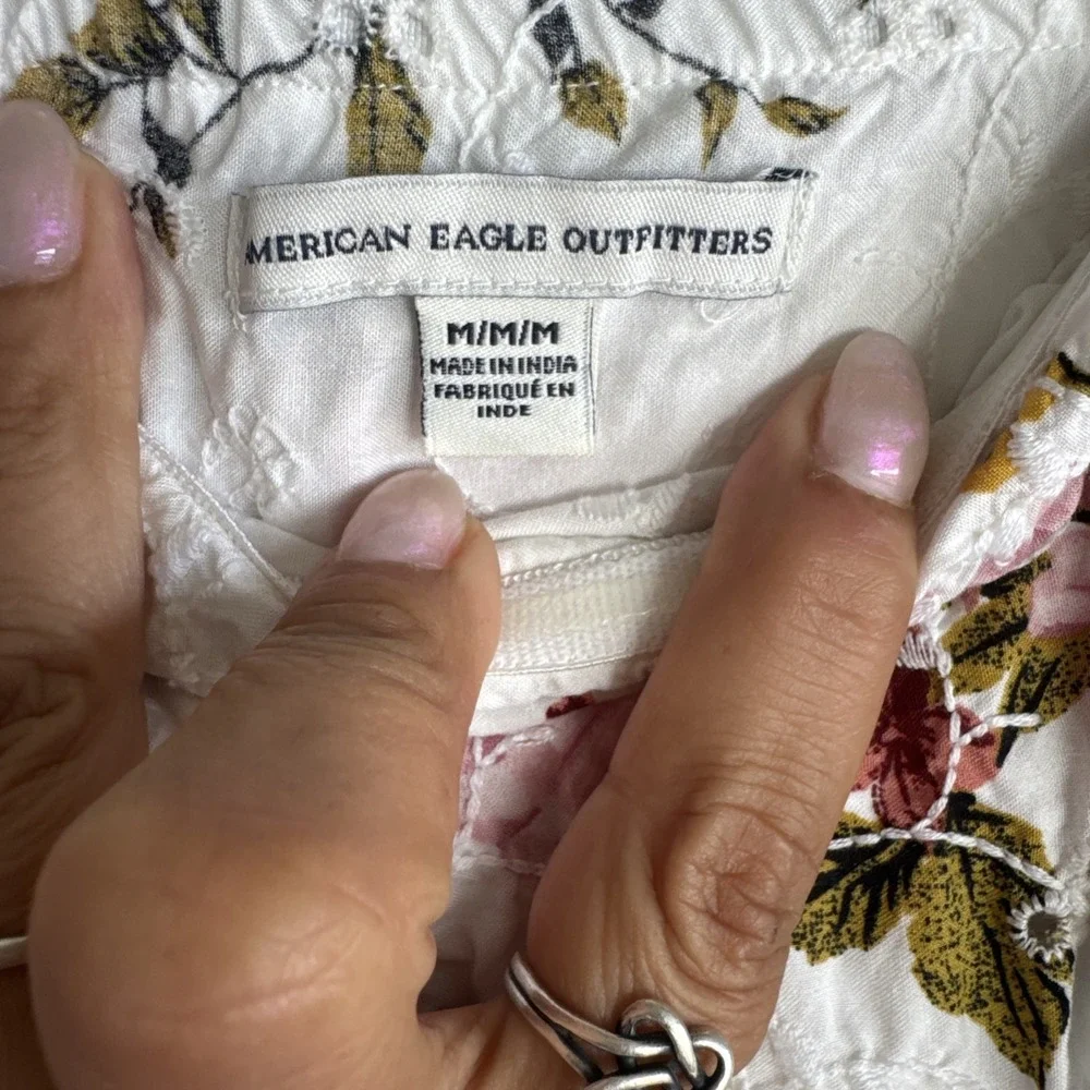 white floral American Eagle Outfitters romper Off The Shoulder Ruffled Eyelet M - Picture 6 of 11